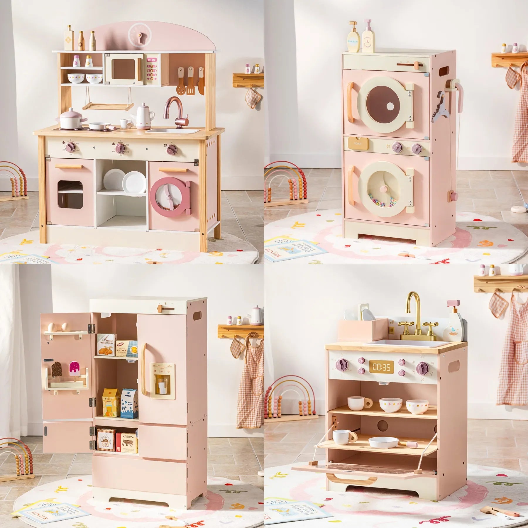 Robotime Robud Kinderküche aus Holz – Eckspielküche mit realistischen Soundeffekten, Rollenspiel-Set für Jungen & Mädchen, Pink