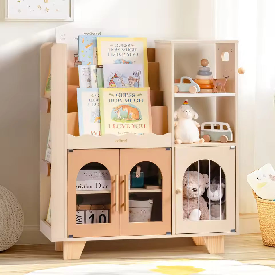 Robotime Robud Kids Wooden Bookshelf All-in-1 Kids Toy Storage Organizer 6 Cubby Bookcases Toy Chest Finish Space-Saving Caramel