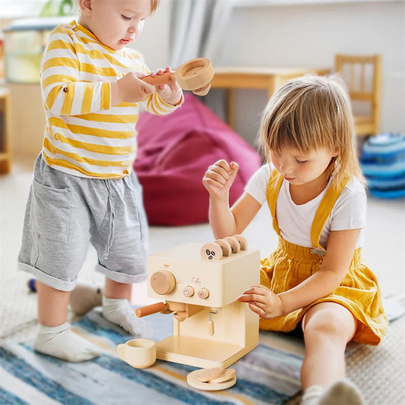 Montessori Kaffeemaschine aus Holz – Kinder-Küchenspielzeug-Set für Rollenspiele, Pädagogisches Holzspielzeug, Ideales Geschenk für Kleinkinder