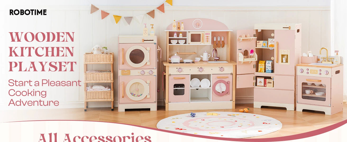 Robotime Robud Kinderküche aus Holz – Eckspielküche mit realistischen Soundeffekten, Rollenspiel-Set für Jungen & Mädchen, Pink