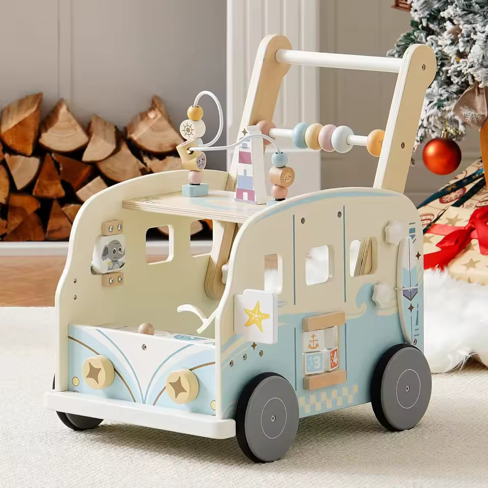 Robotime Robud Wooden Baby Walker Baby Push Along Activity Walkers with Wheels Multifunctional Baby Walker Gift for Boy Grils