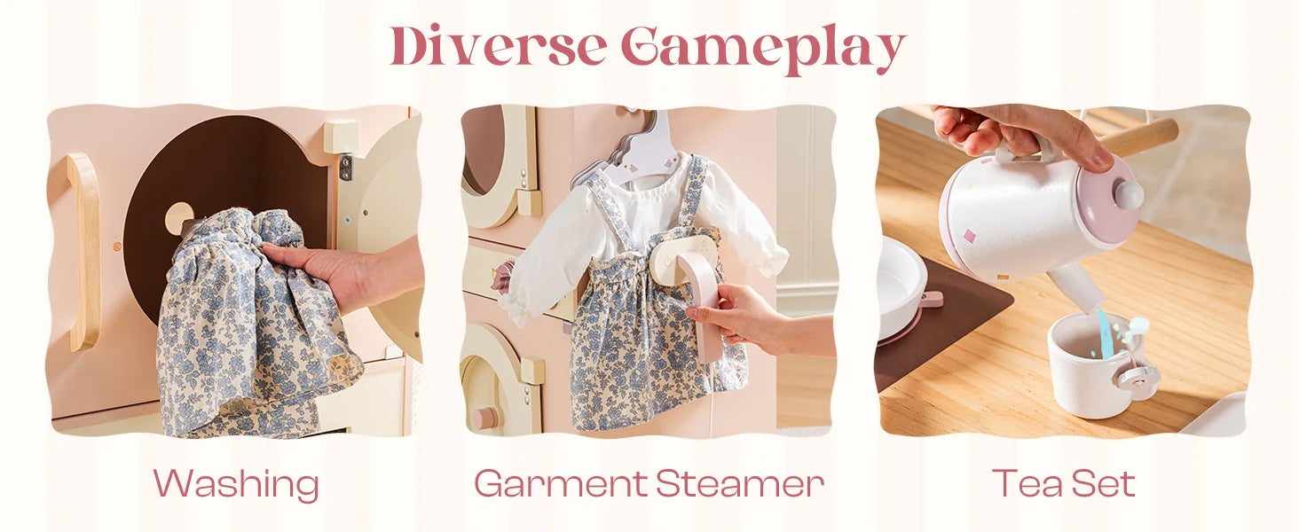 Robotime Robud Kinderküche aus Holz – Eckspielküche mit realistischen Soundeffekten, Rollenspiel-Set für Jungen & Mädchen, Pink