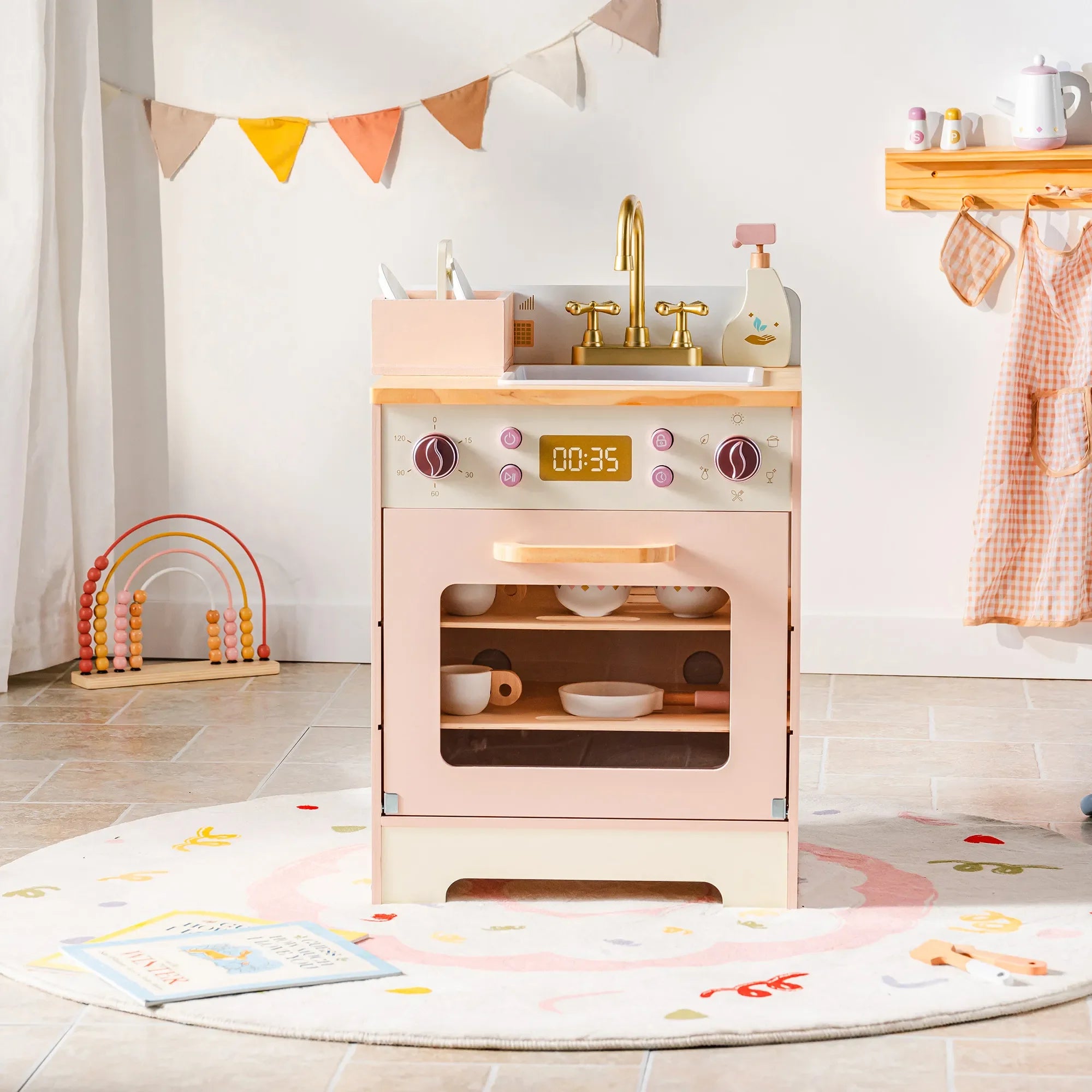 Robotime Robud Kinderküche aus Holz – Eckspielküche mit realistischen Soundeffekten, Rollenspiel-Set für Jungen & Mädchen, Pink