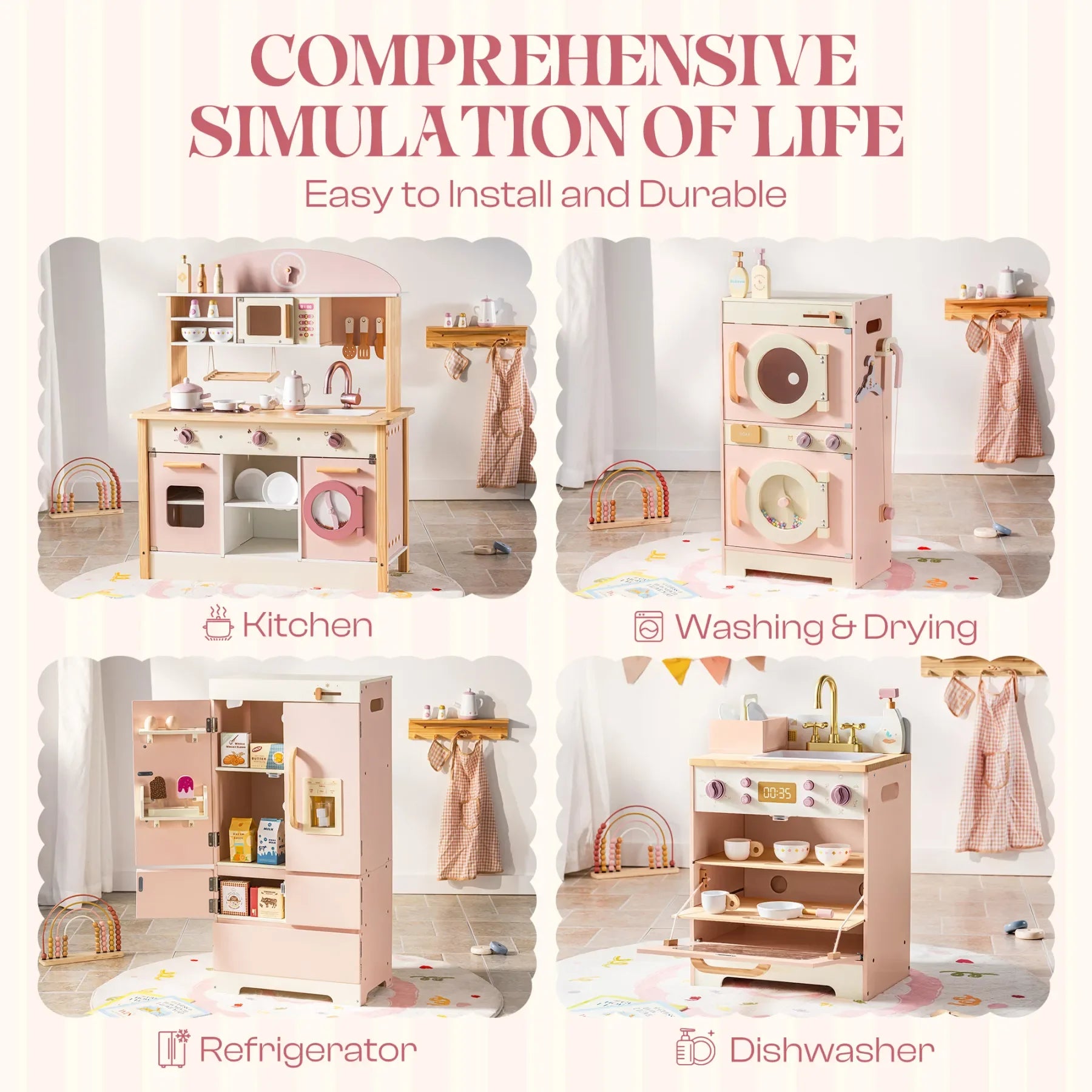 Robotime Robud Kinderküche aus Holz – Eckspielküche mit realistischen Soundeffekten, Rollenspiel-Set für Jungen & Mädchen, Pink