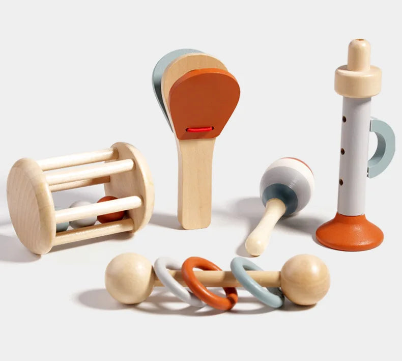 Montessori Holz-Greifling mit Glöckchen – Musikalisches Baby-Spielzeug und Rassel
