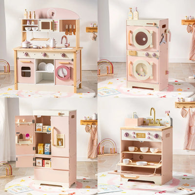 Robotime Robud Kinderküche aus Holz – Eckspielküche mit realistischen Soundeffekten, Rollenspiel-Set für Jungen & Mädchen, Pink
