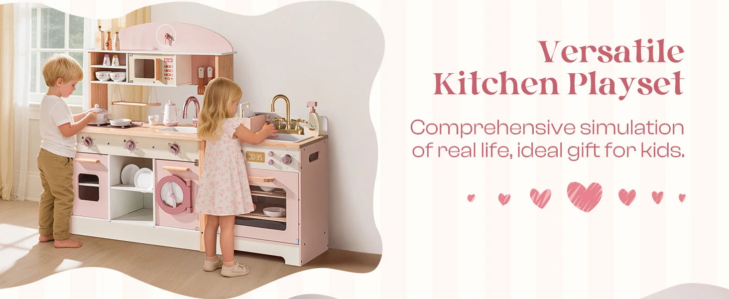 Robotime Robud Kinderküche aus Holz – Eckspielküche mit realistischen Soundeffekten, Rollenspiel-Set für Jungen & Mädchen, Pink