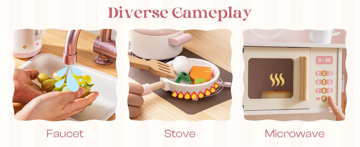 Robotime Robud Kinderküche aus Holz – Eckspielküche mit realistischen Soundeffekten, Rollenspiel-Set für Jungen & Mädchen, Pink