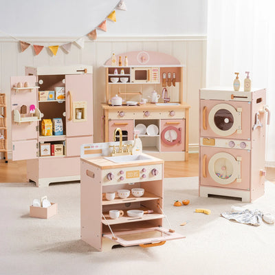 Robotime Robud Kinderküche aus Holz – Eckspielküche mit realistischen Soundeffekten, Rollenspiel-Set für Jungen & Mädchen, Pink