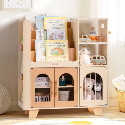 Robotime Robud Kids Wooden Bookshelf All-in-1 Kids Toy Storage Organizer 6 Cubby Bookcases Toy Chest Finish Space-Saving Caramel