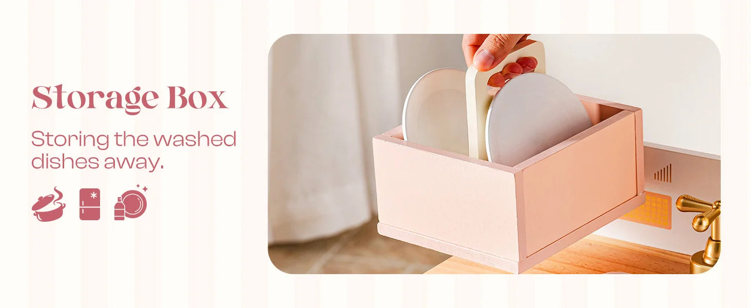 Robotime Robud Kinderküche aus Holz – Eckspielküche mit realistischen Soundeffekten, Rollenspiel-Set für Jungen & Mädchen, Pink