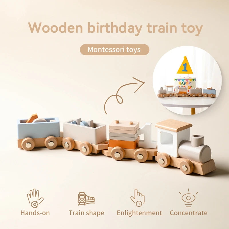 Personalisierbarer Geburtstagszug aus Holz – Montessori Lernspielzeug mit Zahlen, Pädagogisches Steckspiel für Babys und Kleinkinder