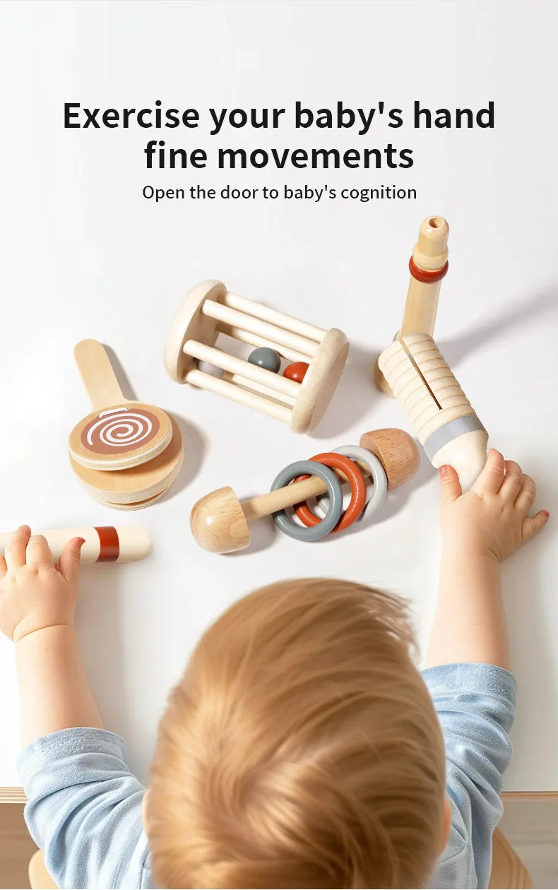 Montessori Holz-Greifling mit Glöckchen – Musikalisches Baby-Spielzeug und Rassel