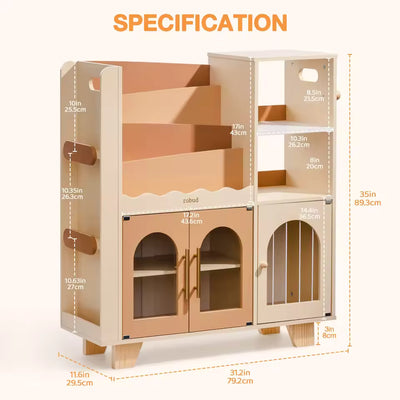 Robotime Robud Kids Wooden Bookshelf All-in-1 Kids Toy Storage Organizer 6 Cubby Bookcases Toy Chest Finish Space-Saving Caramel