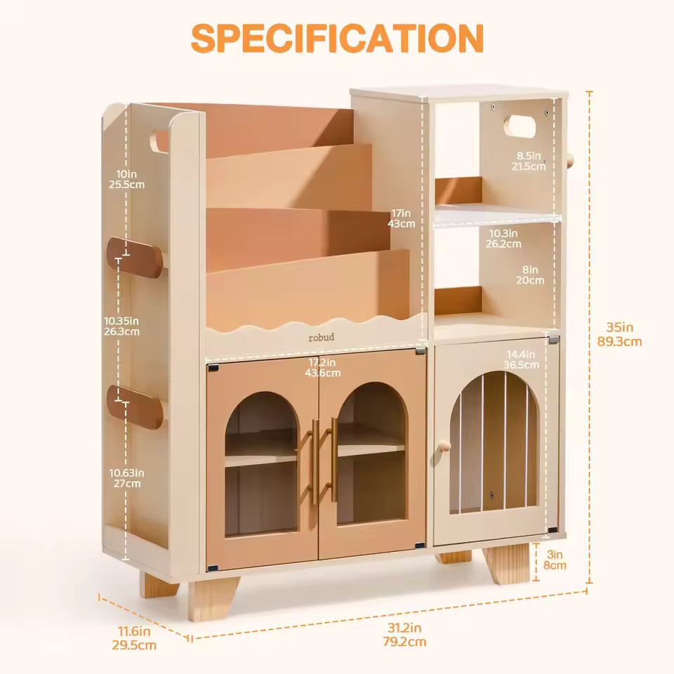 Robotime Robud Kids Wooden Bookshelf All-in-1 Kids Toy Storage Organizer 6 Cubby Bookcases Toy Chest Finish Space-Saving Caramel