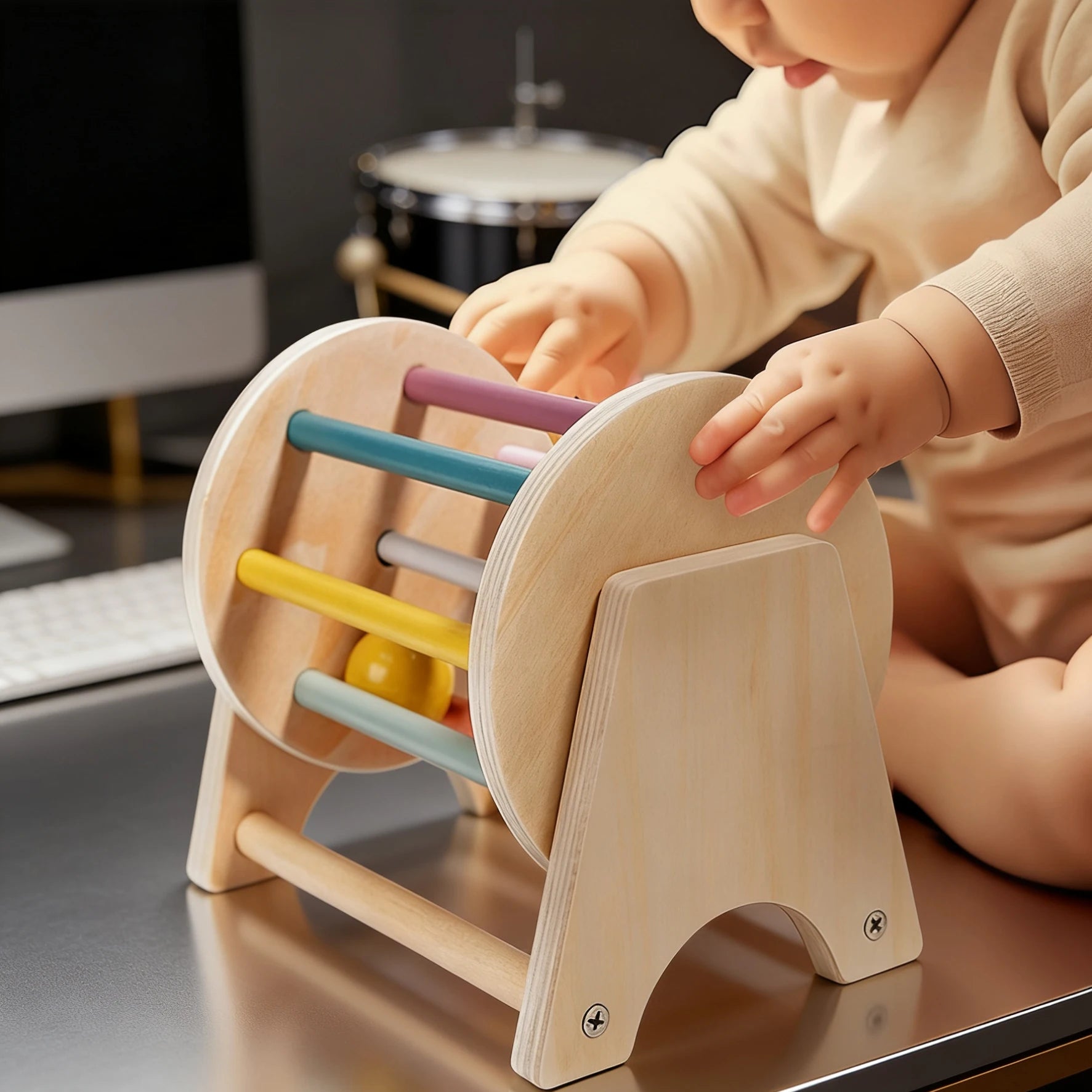 Premium Tisch-Rolltrommel aus Holz – Sensorisches Spielzeug mit sanft rollenden Perlen, robustes Design, perfektes Lernspielzeug für Kleinkinder