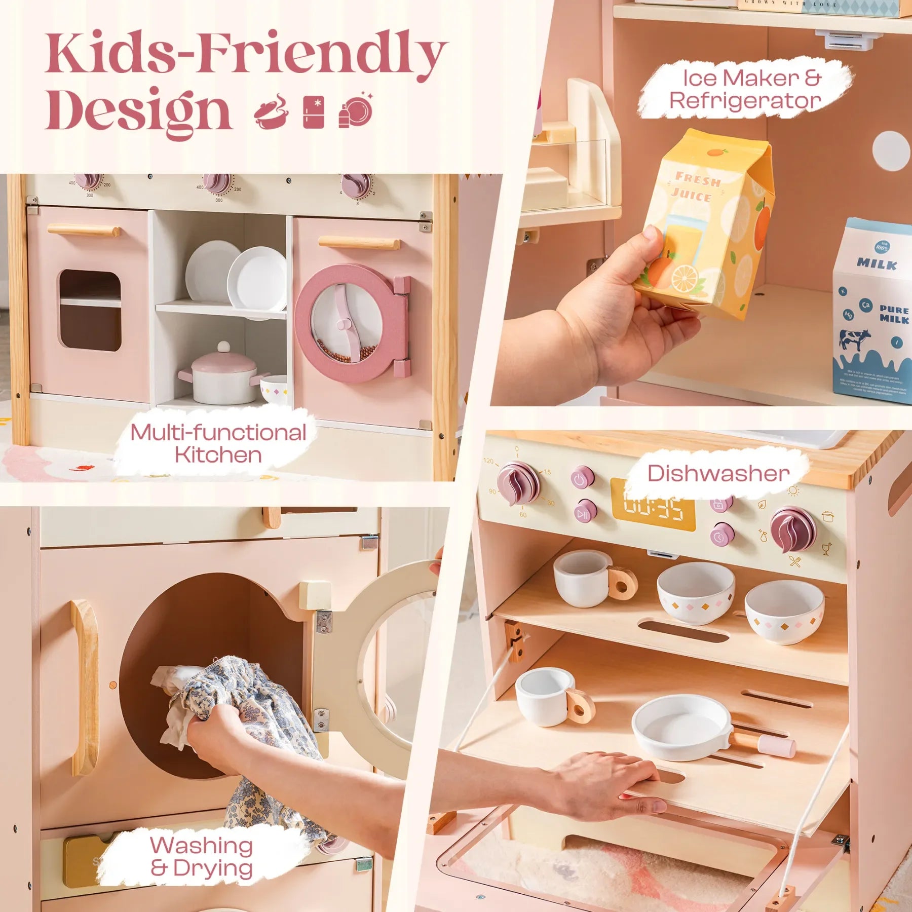 Robotime Robud Kinderküche aus Holz – Eckspielküche mit realistischen Soundeffekten, Rollenspiel-Set für Jungen & Mädchen, Pink