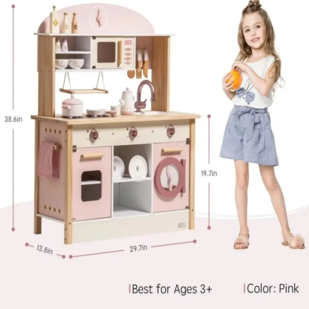 Robotime Robud Kinderküche aus Holz – Eckspielküche mit realistischen Soundeffekten, Rollenspiel-Set für Jungen & Mädchen, Pink