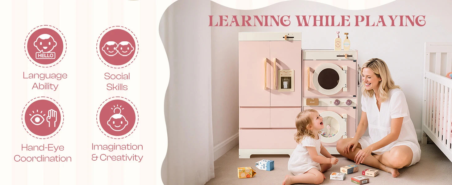 Robotime Robud Kinderküche aus Holz – Eckspielküche mit realistischen Soundeffekten, Rollenspiel-Set für Jungen & Mädchen, Pink