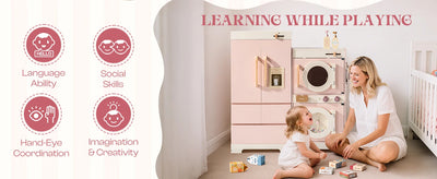 Robotime Robud Kinderküche aus Holz – Eckspielküche mit realistischen Soundeffekten, Rollenspiel-Set für Jungen & Mädchen, Pink