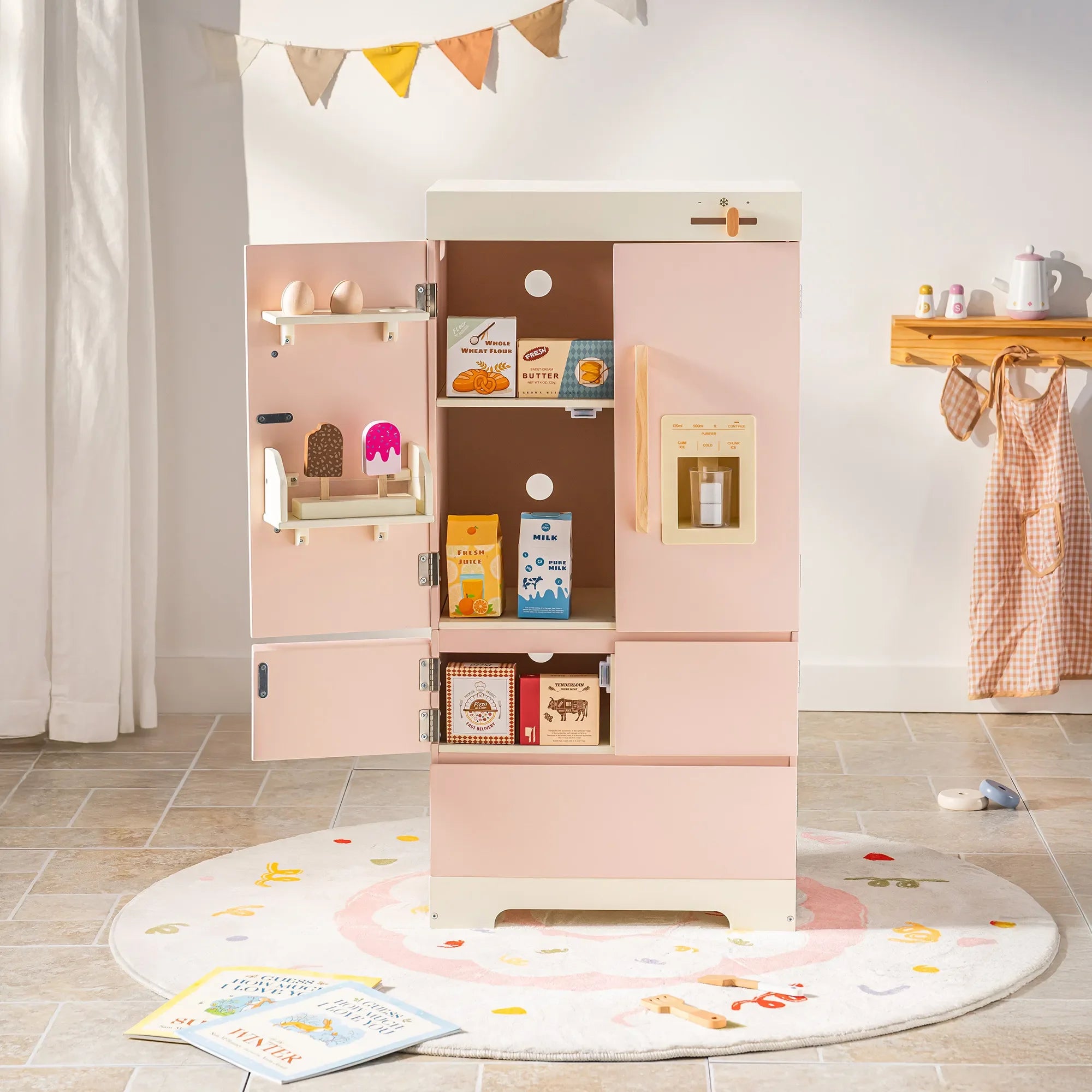 Robotime Robud Kinderküche aus Holz – Eckspielküche mit realistischen Soundeffekten, Rollenspiel-Set für Jungen & Mädchen, Pink