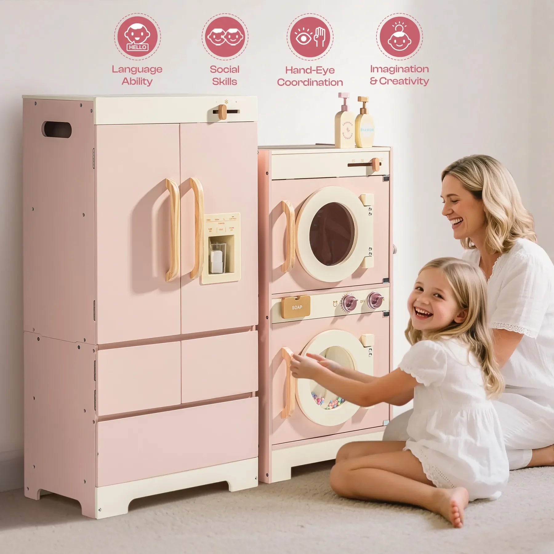 Robotime Robud Kinderküche aus Holz – Eckspielküche mit realistischen Soundeffekten, Rollenspiel-Set für Jungen & Mädchen, Pink